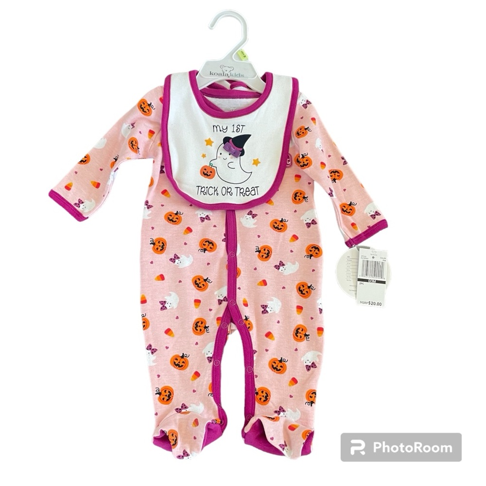 New! My 1st Trick or Treat Pink Ghost Pumpkin Halloween Bib Sleeper Set